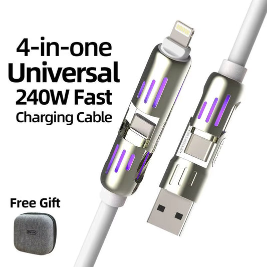 4-In-1 USB Charging Cable ( Free Storage Bag), Fast Charging MAX 240W USB a TYPE C Lightning for Iphone 16/15 Samsung Galaxy