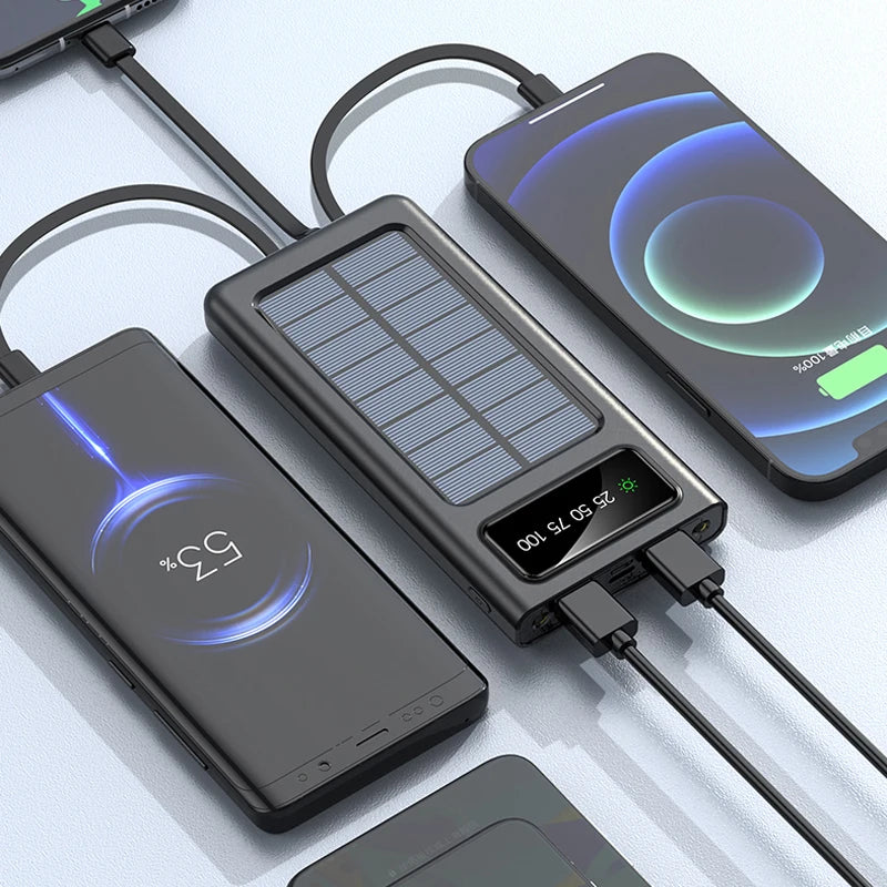 80000Mahtop Solar Charger Solar Power Bank Built Cables Portable Power Source 2 USB Ports for Xiaomi Iphone with LED Light New