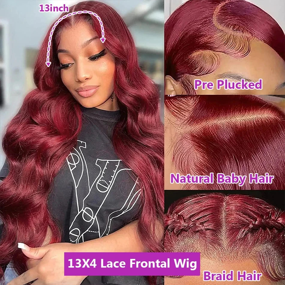 Burgundy Lace Front Wig Human Hair 13X4 Body Wave HD Lace Frontal Wig Burgundy Transparent Wig Pre Plucked with Baby Hair