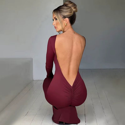 O-Neck Long Sleeves Ruched Backless Maxi Dress Solid Sexy Elegant Long Dress Women’S Party Prom Clubwear Autumn Winter