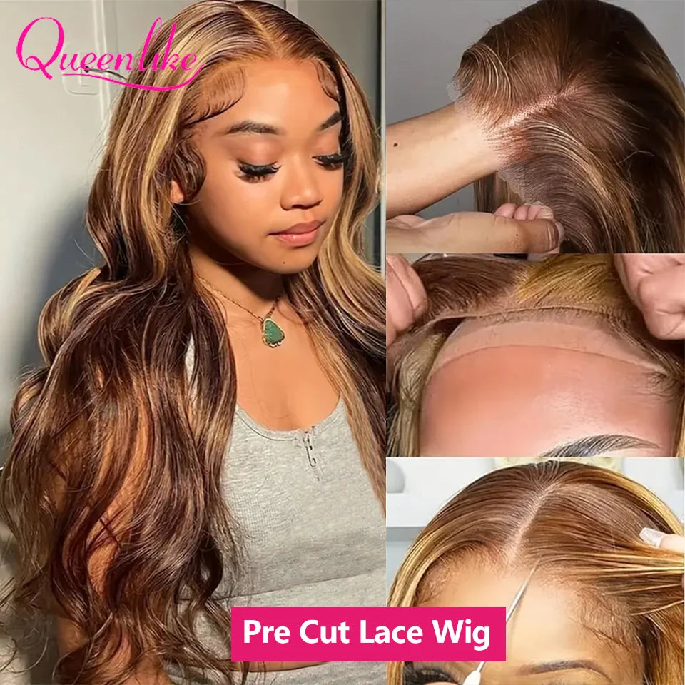 Clueless highlight Wig Human Hair Ready to Wear and Go P4/27 Colored Body Wave Pre Cut Wigs for Women 200 Density 26inch