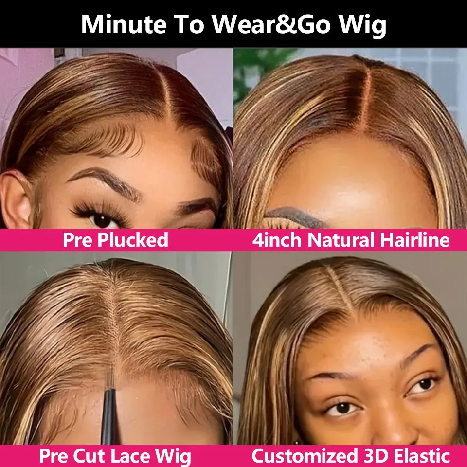 Clueless highlight Wig Human Hair Ready to Wear and Go P4/27 Colored Body Wave Pre Cut Wigs for Women 200 Density 26inch